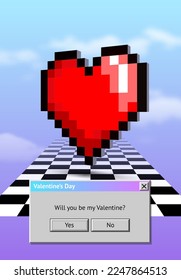 Vaporwave styled Valentine's Day greeting card with dialogue window asking romantic question. Pixel heart over the checkered floor in the surreal pastel landscape with retro computer theme from 90s.