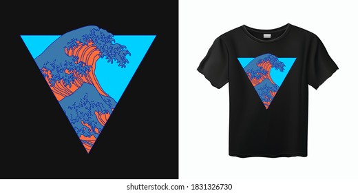 Vaporwave stylish t-shirt and apparel trendy design with Great Wave. Fashion print template with ocean's crest leap, vector illustration. 