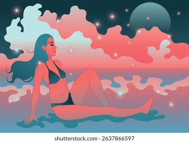 Vaporwave Summer Night – Woman in Bikini Relaxing by the Ocean	