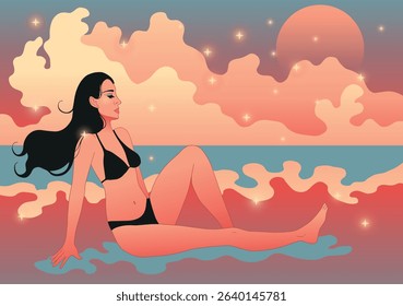 Vaporwave Summer Night – Woman in Bikini Relaxing by the Ocean	