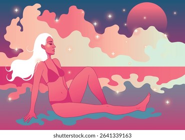 Vaporwave Summer Night – Woman in Bikini Relaxing by the Ocean	