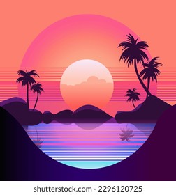 Atardecer de la ola de vapor,   Los años 80 sintetizan el paisaje con el mar, las palmeras y el sol. Ilustración vectorial en estilo plano