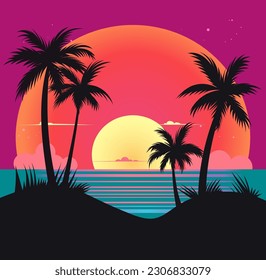 Vaporwave sunset,   80s synthwave styled  landscape with sea, palm trees and sun. Vector illustration in flat style