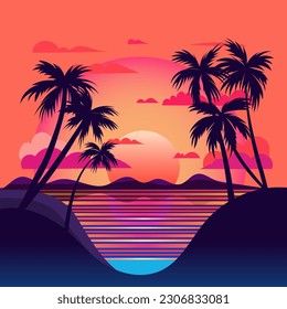 Vaporwave sunset,   80s synthwave styled  landscape with sea, palm trees and sun. Vector illustration in flat style