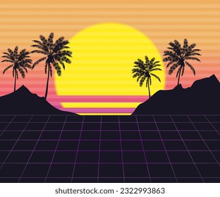 Vaporwave sunset with palm trees design 