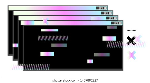 Vaporwave Synthwave 80s-90s retrofuturistic background with opened terminal console, command-line interface of programs. HUD cyberpunk user interface.