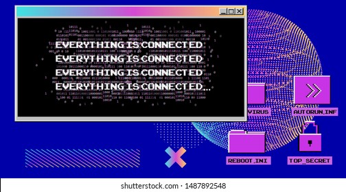Vaporwave Synthwave 80s-90s retrofuturistic background with opened terminal console, command-line interface of programs. HUD cyberpunk user interface.