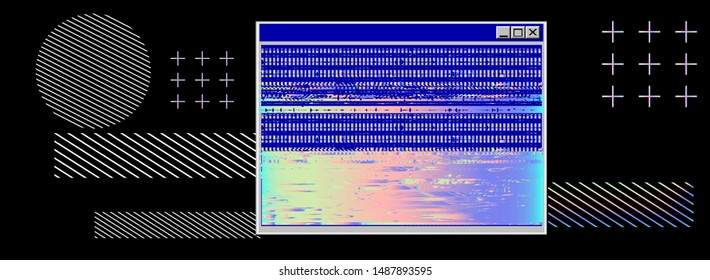 Vaporwave Synthwave 80s-90s retrofuturistic background with opened terminal console, command-line interface of programs. HUD cyberpunk user interface.