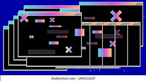 Vaporwave Synthwave 80s-90s retrofuturistic background with opened terminal console, command-line interface of programs. Abstract technology vector background with glitched computer program.