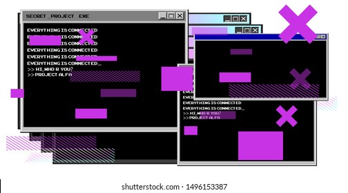 Vaporwave Synthwave 80s-90s retrofuturistic background with opened terminal console, command-line interface of programs. Abstract technology vector background with glitched computer program.