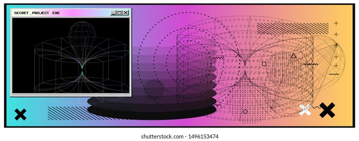 Vaporwave Synthwave 80s-90s retrofuturistic background with opened terminal console, command-line interface of programs. Abstract technology vector background with glitched computer program.