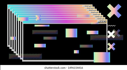 Vaporwave Synthwave 80s-90s retrofuturistic background with opened terminal console, command-line interface of programs. Abstract technology vector background with glitched computer program.