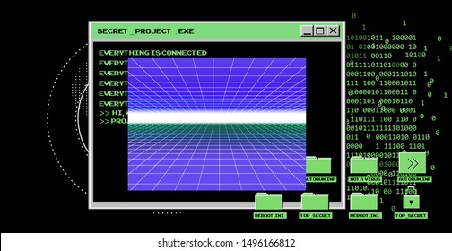 Vaporwave Synthwave 80s-90s retrofuturistic background with opened terminal console, command-line interface and neon laster grid. Abstract technology vector background with glitched computer program.