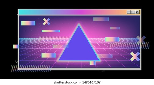 Vaporwave Synthwave 80s-90s retrofuturistic background with opened terminal console, command-line interface and neon laster grid. Abstract technology vector background with glitched computer program.