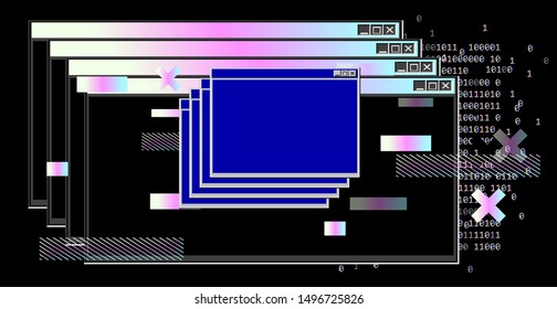 Vaporwave Synthwave 80s-90s retrofuturistic background with opened terminal console, command-line interface of programs. Abstract technology vector background with glitched computer program.