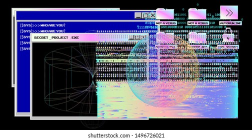 Vaporwave Synthwave 80s-90s retrofuturistic background with opened terminal console, command-line interface of programs. Abstract technology vector background with glitched computer program.