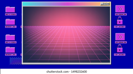 Vaporwave Synthwave 80s-90s retrofuturistic background with opened terminal console, command-line interface and neon laster grid. Abstract technology vector background with glitched computer program.