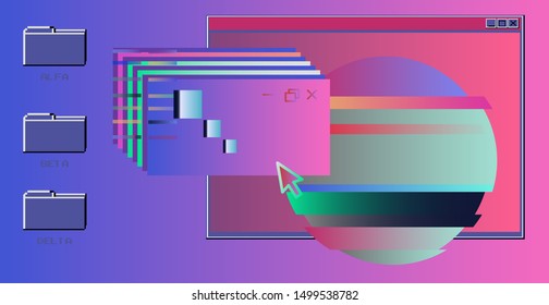 Vaporwave Synthwave 80s-90s retrofuturistic background with opened terminal console and folders on desktop. Abstract technology vector background with glitched computer program.