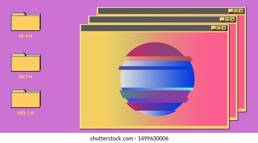 Vaporwave Synthwave 80s-90s retrofuturistic background with opened terminal console and folders on desktop. Abstract technology vector background with glitched computer program.