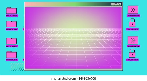 Vaporwave Synthwave 80s-90s retrofuturistic background with opened terminal console, command-line interface and neon laster grid. Abstract technology vector background with glitched computer program.