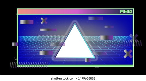 Vaporwave Synthwave 80s-90s retrofuturistic background with opened terminal console, command-line interface and neon laster grid. Abstract technology vector background with glitched computer program.