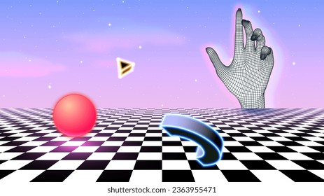Vaporwave or synthwave abstract concept with glitchy glowing hand, neon shapes and grid floor. 80s or 90s styled surreal abstraction with vibrant neon colors and retro computer style.