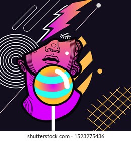 vaporwave synthwave disco
surrealistic futuristic illustration of an antique 80s retro sculpture head with geometric elements. Flat vector graphics

