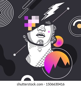 Vaporwave synthwave party
surrealistic futuristic illustration of an antique 80s retro sculpture head with geometric elements. Flat stock vector illustration. Flyer, music party poster
