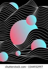 Vaporwave and synthwave retrofuturistic abstract background with floating holographic neon circles above black waves. Illustration for poster, cover, print.