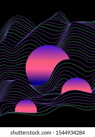 Vaporwave and synthwave retrofuturistic abstract background with floating holographic neon circles above black waves. Illustration for poster, cover, print.