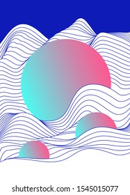 Vaporwave and synthwave retrofuturistic abstract background with floating holographic neon circles above waves.