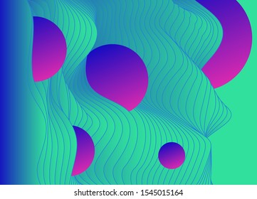 Vaporwave and synthwave retrofuturistic abstract background with floating holographic neon circles above waves.