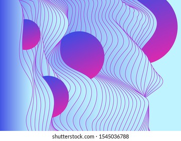 Vaporwave and synthwave retrofuturistic abstract background with floating holographic neon circles above waves.