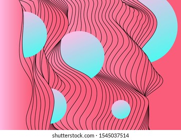 Vaporwave and synthwave retrofuturistic abstract background with floating holographic neon circles above waves.
