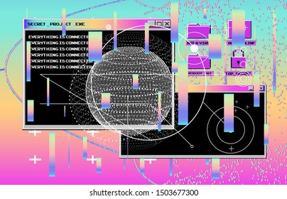 Vaporwave/ synthwave/ retrowave style illustration with console windows on glitched rainbow background. Retrofuturistic aesthetics of 80s-90s.