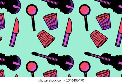 Vaporwave/ synthwave style detective pattern in neon vivid pastel palette. Violin, knife, alchoholic drink, magnifying glass.