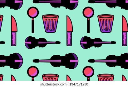 Vaporwave/ synthwave style detective pattern in neon vivid pastel palette. Violin, knife, alchoholic drink, magnifying glass.