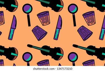 Vaporwave/ synthwave style detective pattern in neon vivid pastel palette. Violin, knife, alchoholic drink, magnifying glass.