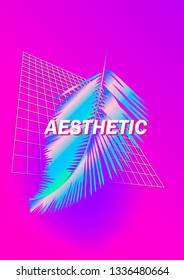 Vaporwave / Synthwave style illustration with palm leaves on pink background with grid