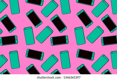 Vaporwave/ synthwave style pattern made of phones in neon vivid pastel palette.
