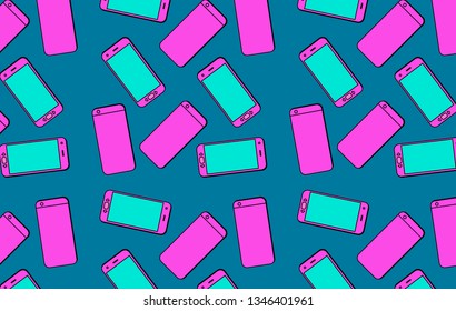 Vaporwave/ synthwave style pattern made of phones in neon vivid pastel palette.