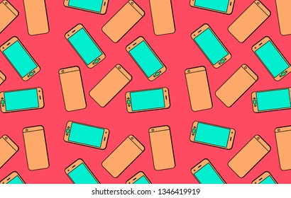 Vaporwave/ synthwave style pattern made of phones in neon vivid pastel palette. For t-shirt design, cover, notebook.