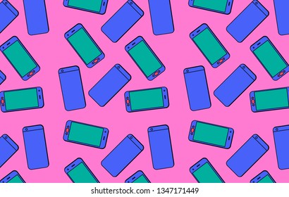 Vaporwave/ synthwave style pattern made of phones in neon vivid pastel palette. For t-shirt design, cover, notebook.