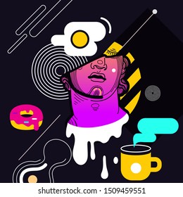 vaporwave synthwave
surrealistic futuristic illustration of an antique 80s retro sculpture face head with breakfast food elements. Flat vector graphics bright colors on a dark background

