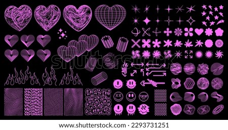 Vaporwave, synthwave, Y2K universal geometric shapes, 3D elements with glitch and liquid effect. Retrofuturistic y2k shapes from 00s, 90s, 80s. Hearts, grids, emoji, wireframe, stars, icons. Rave set