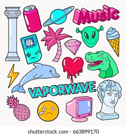 Vaporwave Teenager Style Doodle with Dinosaur, Computer and Ice Cream. Vector illustration