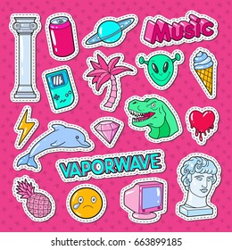 Vaporwave Teenager Style Doodle with Dinosaur, Computer and Ice Cream for Stickers, Badges and Patches. Vector illustration