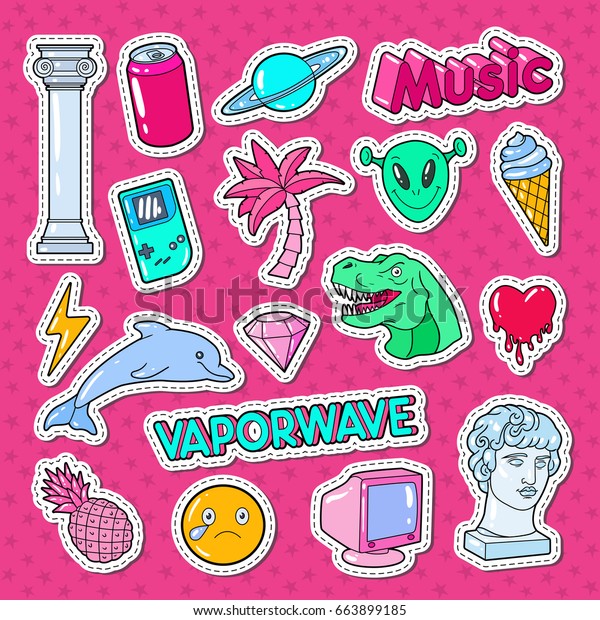 Vaporwave Teenager Style Doodle Dinosaur Computer 库存矢量图 免版税