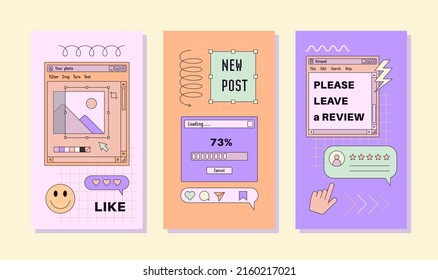 Vaporwave Template Social Media Stories. Retro Desktop with Frames and Interface Elements. Vector Abstract Aesthetic Background Nostalgic for 90s