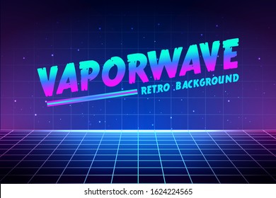 Vaporwave text on laser grid background. Retro geometric illustration witn neon color and gradient. Abstract stage and night star sky. Template for music poster, cover, flyer in 80s style.